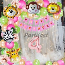 Parti Station Kız Çocuk Safari Hayvanlar 4 Yaş Balon Set Pembe Safari Helyum Balon Set Safari Doğum Günü Set