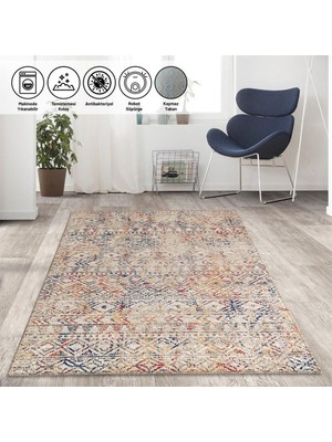 Carpettex Iskandinav Eskitme Kilim Desenli Bej Krem Halı Kaymaz Taban Makinada Yıkanabilir