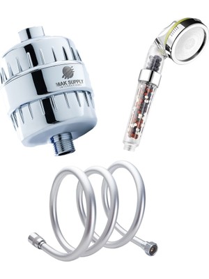 Mak Supply Mak Set Duş Filtresi ,duş Başlığı Filtreli ve Duş Hortumu 150CM , 3 Lü Set.