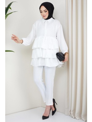 Hafsa Mina Fırfırlı Tunik Pantolon Ikili Takım Beyaz