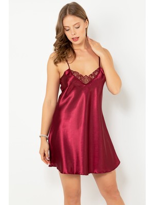 Miorre Kadın İnce Askılı Güpürlü Mini Saten Gecelik Bordo Renkli Zarif Tasarım