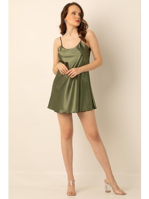 Miorre Ince Askılı Kadın Mini Saten Gecelik Yağ Yeşili Renk ile Şıklık