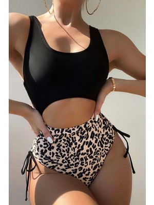 Angelsin Özel Tasarım Leopar Yanlardan Büzgü Ayarlama Detaylı Mayo