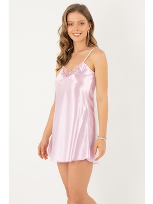 Miorre Ince Askılı Güpürlü Mini Saten Gecelik