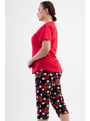 Pamuklu Büyük Beden Kadın Kısa Kol Kaprili Pijama Takım
