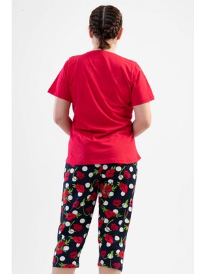 Pamuklu Büyük Beden Kadın Kısa Kol Kaprili Pijama Takım