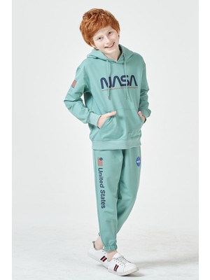 Black One Erkek Çocuk Unisex  Nasa Baskı Detaylı Oversize Kapüşonlu Çocuk Eşofman Takımı