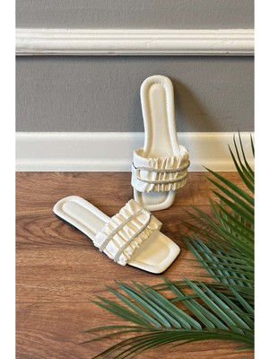 New Optimal Alex  Büzgülü Taş Işleme Kemerli Terlik - Beyaz - 37