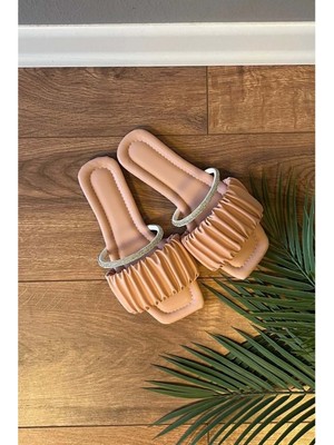 New Optimal Basel  Taşlı Büzgü Kemerli Terlik - Pudra - 37