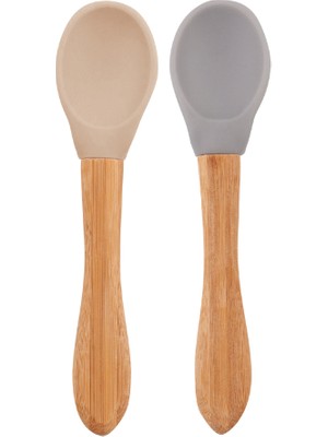 Oioi Silikon Mama Kaşığı 2li Bambu Saplı 9+ Ay Bubble Beige - Powder Grey