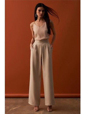 Sateen Bel Detaylı Cepli Pantolon - Bej