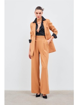 Sateen Bel Detaylı Cepli Pantolon - Camel