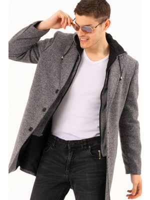 Dewberry Desenli Gri Erkek Palto Orta Kalınlık Yün Malzeme Uzun Kol Kaban