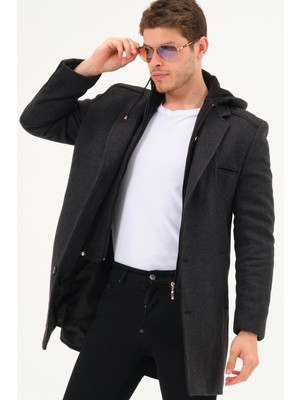 Dewberry Erkek Palto Diagonal Antrasıt Yün Malzeme ile Orta Kalınlık Midi Uzun Kol