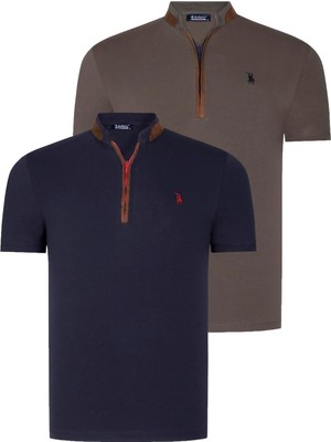 Dewberry Ikili Set T8571 Dewberry Fermuarlı Erkek T-Shırt-Lacivert-Haki