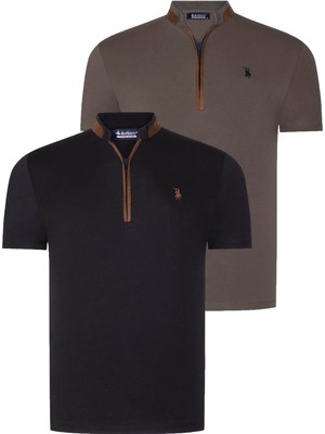 Dewberry Ikili Set T8571 Dewberry Fermuarlı Erkek T-Shırt-Siyah-Haki