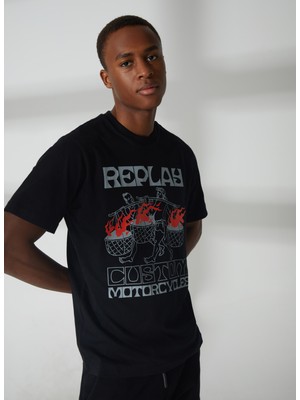 Replay Bisiklet Yaka Düz Siyah Erkek T-Shirt M65200002660 T-Shirts Regular