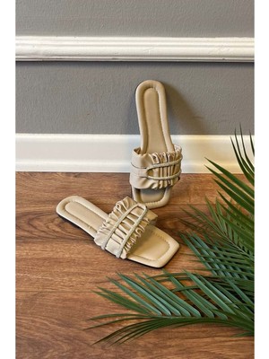 New Optimal Alex  Büzgülü Taş Işleme Kemerli Terlik - Vizon - 36