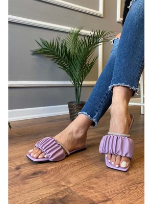 New Optimal Basel  Taşlı Büzgü Kemerli Terlik - Lila - 37