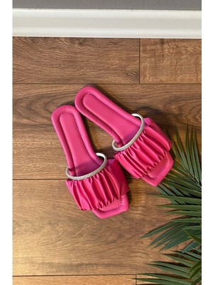 New Optimal Basel  Taşlı Büzgü Kemerli Terlik - Fuşya - 40