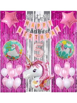 Parti Station Pembe Unicorn Konsept 5 Yaş Balon Set Gökkuşağı Unicorn Doğum Günü Yaş Balon Set