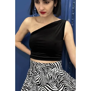 Due Stelle Siyah Ince Kadife Tek Omuz Crop Üst