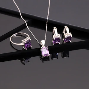 Miavi Silver 925 Ayar Gümüş Ametist Baget Taşlı Kolye Küpe Yüzük Takı Seti