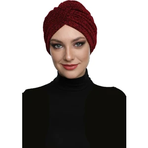 Fidan Bone Brokar Bantlı Bordo Astarlı Hazır Türban Tesettür Bone