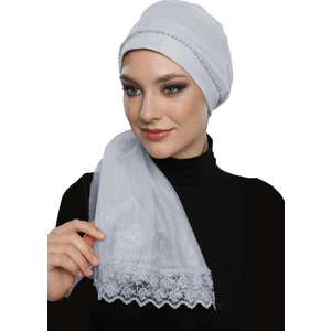 Fidan Bone Incili Tüllü Bağlamalı Tül Kaplamalı Dantelli Inci Işlemeli Gri Hazır Dış Bone Tesettür Abiye
