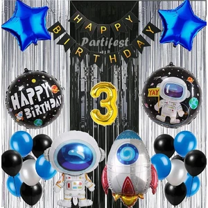 Parti Station Kozmik Uzay 3 Yaş Balon Seti Galaksi Konsept Helyum Balon Set Astronot Uzay Mekiği Doğum Günü Set