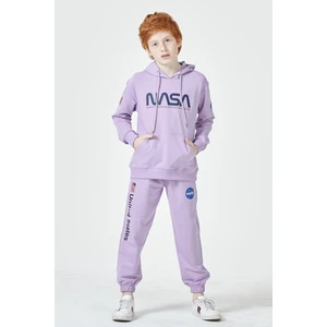 Black One Unisex Çocuk Lila Nasa Baskı Detaylı Oversize Kapüşonlu Eşofman Takımı