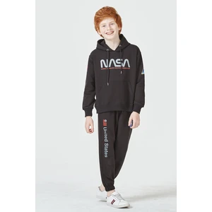 Black One Unisex Çocuk Lila Nasa Baskı Detaylı Oversize Kapüşonlu Eşofman Takımı
