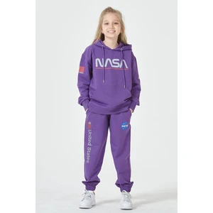 Black One Kız Çocuk Unisex  Nasa Baskı Detaylı Oversize Kapüşonlu Çocuk Eşofman Takımı