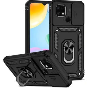 Xiaomi Redmi 10C Için Halka Ayaklı ve Kayar Kamera Kapaklı Telefon Kılıf - Siyah (Yurt Dışından)