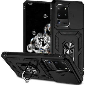 Samsung Galaxy S20 Ultra Için Halka Ayaklı ve Kayar Kamera Kapaklı Telefon Kılıf - Siyah (Yurt Dışından)