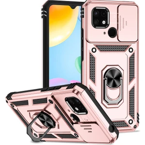 Xiaomi Redmi 10C Için Halka Ayaklı ve Kayar Kamera Kapaklı Telefon Kılıf - Rose Gold (Yurt Dışından)
