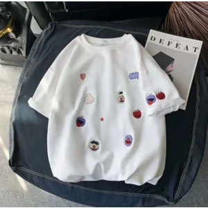 Kids Face Özel Tasarım Bisiklet Yaka Kurabiye Canavarı Baskılı %100 Pamuk Oversize Kız Çocuk  T-Shırt