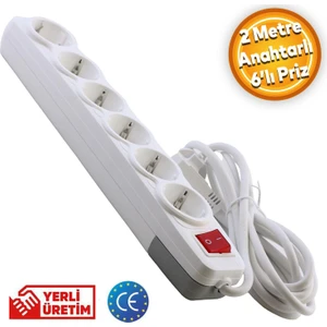 Grup Priz 6'lı Altı Gözlü Anahtarlı Topraklı 2 Metre Seyyar Ara Kablolu Uzatma Kablolusu Altılı Piriz Kablo