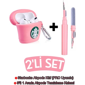 Airpods Pro Uyumlu Starbucks Kılıf ve Pembe 3'ü 1 Arada Airpods Temizleme Kalemi Seti
