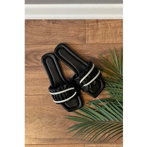 New Optimal Alex  Büzgülü Taş Işleme Kemerli Terlik - Siyah - 36