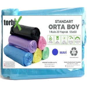 Çöp Poşeti Orta Boy  55*60 Mavi 5 Rulo 5*20 Toplam 100 Adet