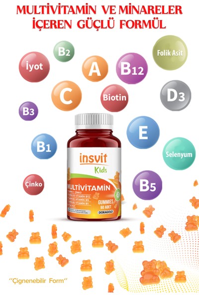 Insvit Kids Gummies Çinko Iyot Biotin Vitamin C A E B1 B2 B3 B5 B12 D3 Folik Asit Çiğnenebilir Gummy 60 Adet x 2
