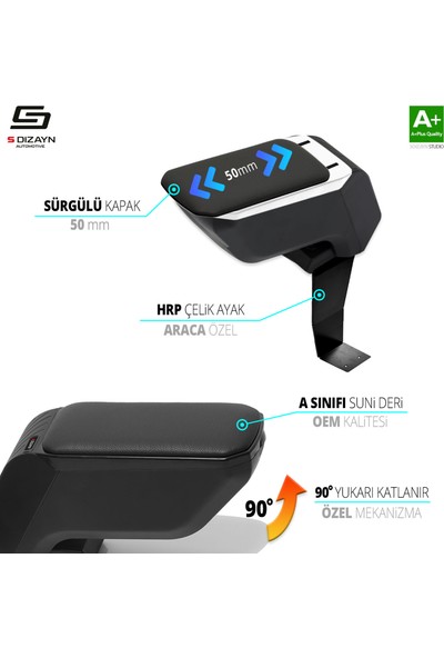 Aracım Oto Aksesuar S-Dizayn Peugeot 208 Kol Dayama Kolçak Çelik Ayaklı Abs Siyah 2012-2019 A+Kalite