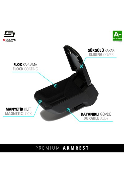 Aracım Oto Aksesuar S-Dizayn Peugeot 208 Kol Dayama Kolçak Çelik Ayaklı Abs Siyah 2012-2019 A+Kalite