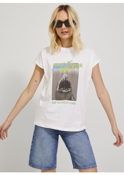 Bisiklet Yaka Baskılı Ekru Kadın T-Shirt 12234665