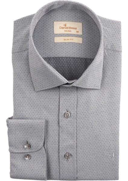 Slim Fit Uzun Kollu Gri Armürlü Erkek Gömlek 480-648