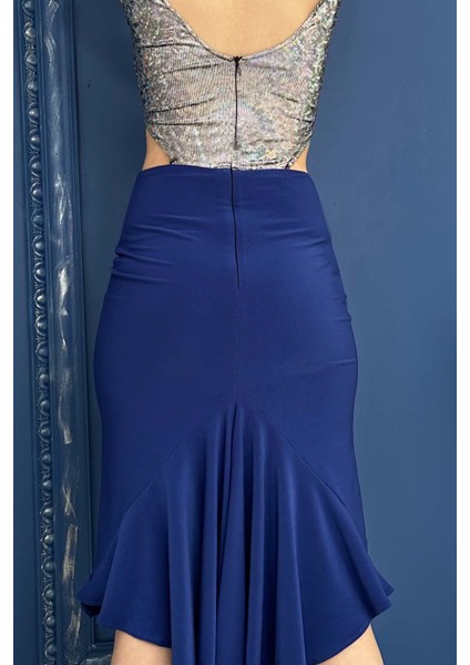 Saks Royal Blue Hologram Sırt ve Yan Dekolteli Yırtmaçlı Tango Elbisesi