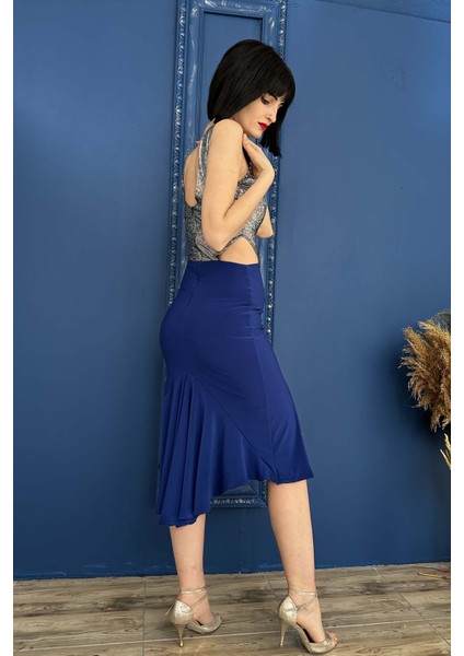 Saks Royal Blue Hologram Sırt ve Yan Dekolteli Yırtmaçlı Tango Elbisesi