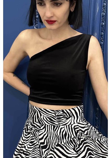 Siyah Ince Kadife Tek Omuz Crop Üst