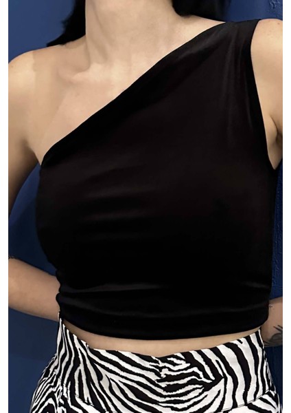 Siyah Ince Kadife Tek Omuz Crop Üst fırsatları